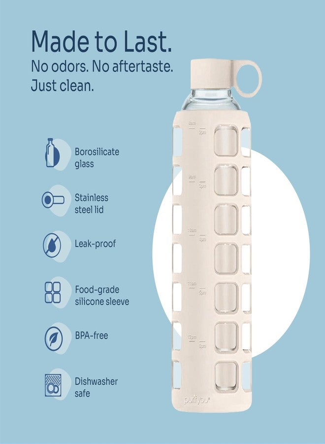 purifyou 40oz / 32oz / 22oz / 12oz Borosilicate Glass Water Bottle with Time & Volume Markers, Silicone Sleeve, Stainless Steel Lid | Reusable Glass Bottle for Water & Juice (32oz Pearled Ivory) - Image 4